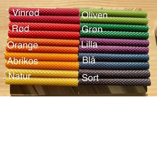 Store stagelys i håndrullet bivoks, flere farver