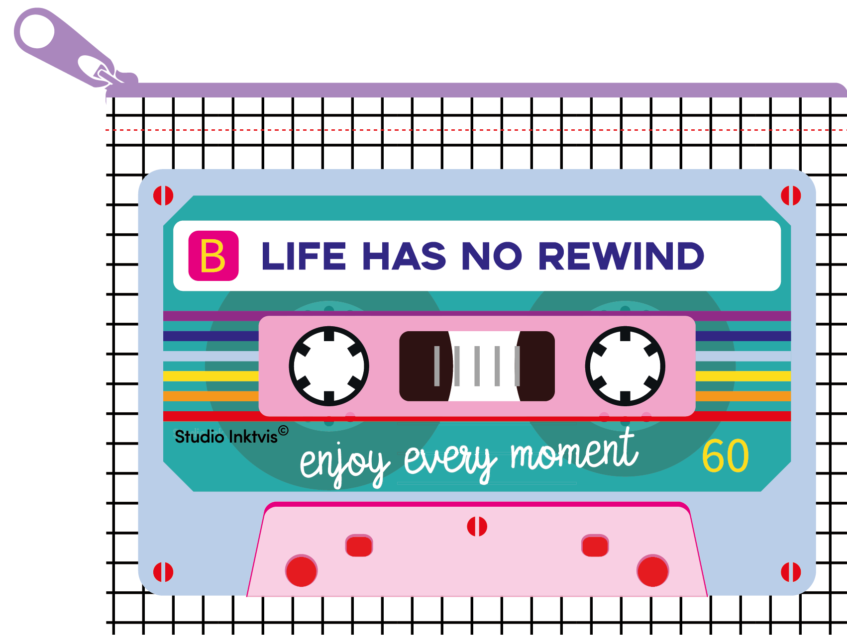 Mini pung “Life Has No Rewind” – retro møntpung i genbrugsplast