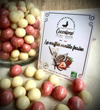 Knasende chokoladekugler med hvid chokolade, jordbær & bourbon-vanilje