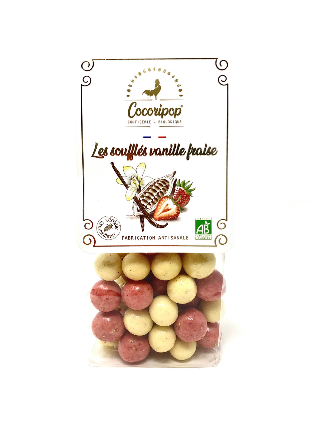 Knasende chokoladekugler med hvid chokolade, jordbær & bourbon-vanilje