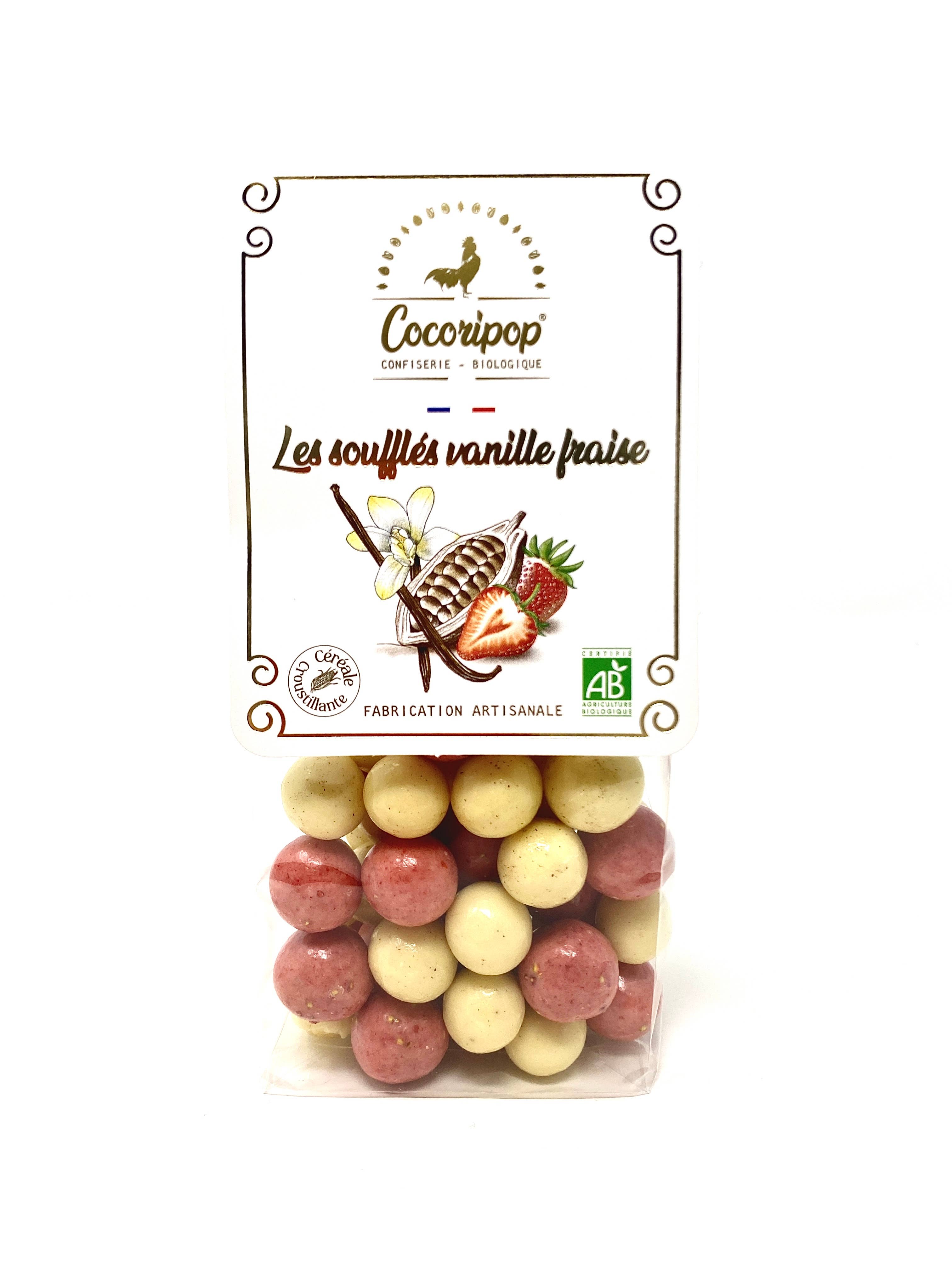 Knasende chokoladekugler med hvid chokolade, jordbær & bourbon-vanilje