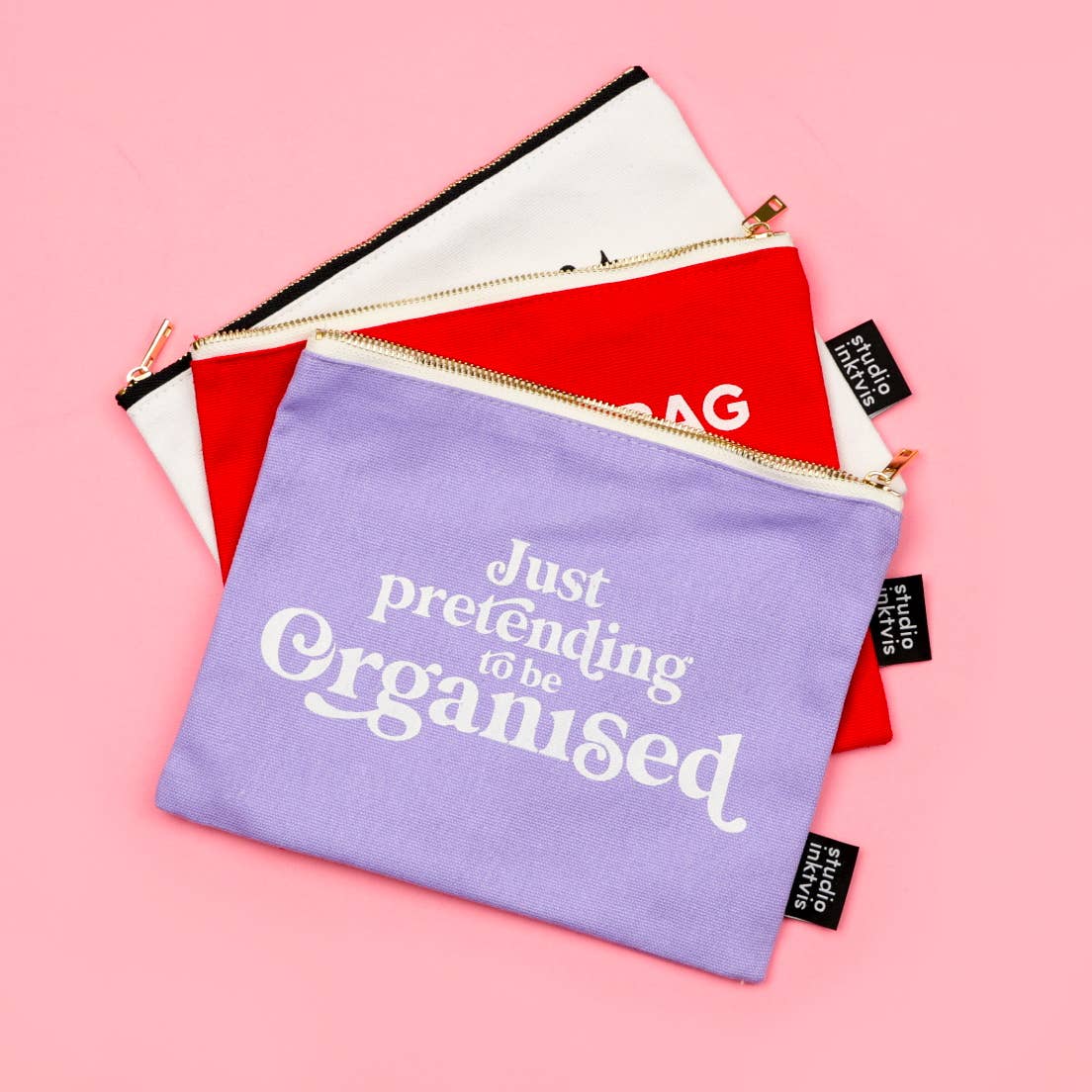 Makeup pung med lynlås “Just Pretending To Be Organized” – lys lilla canvas pouch