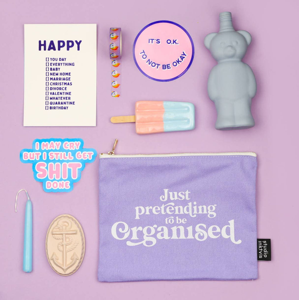 Makeup pung med lynlås “Just Pretending To Be Organized” – lys lilla canvas pouch