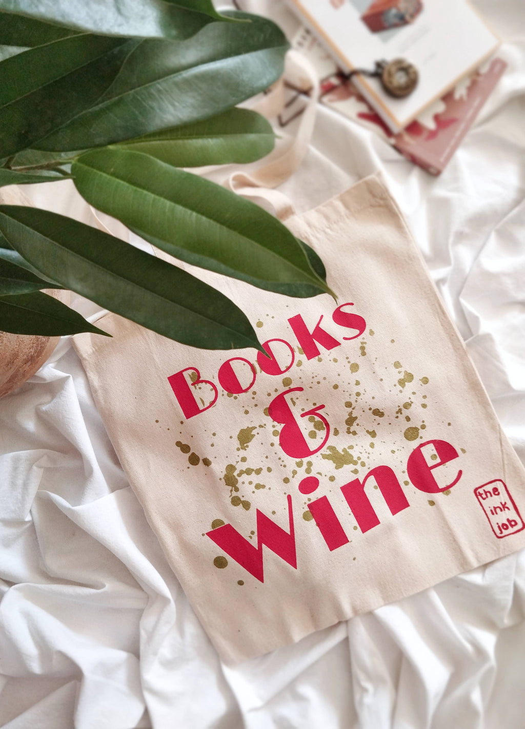 Stofnet / stoftaske “Books & Wine” – sommer, stemning og små hverdagsøjeblikke