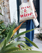 Stofnet / stoftaske “Books & Wine” – sommer, stemning og små hverdagsøjeblikke