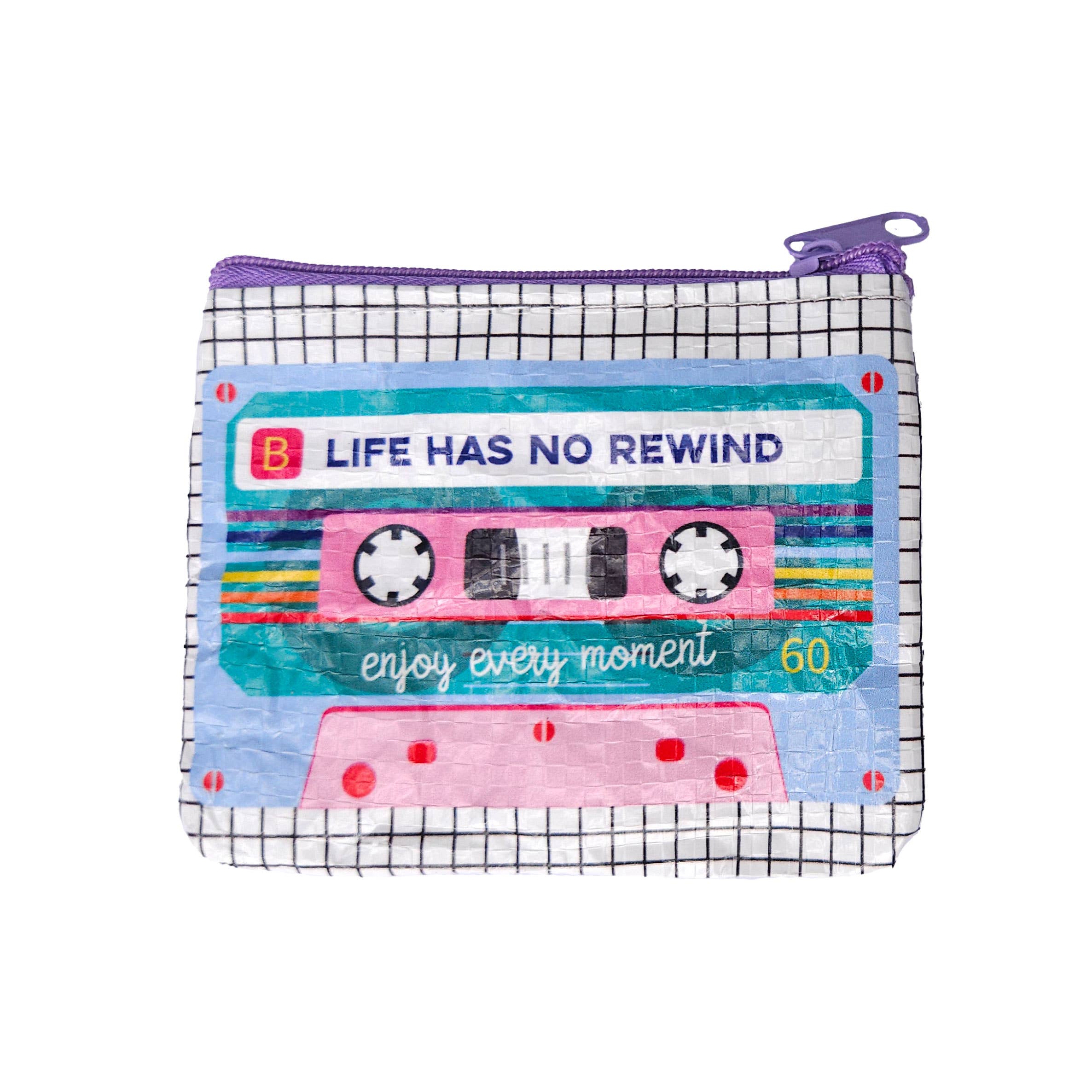 Mini pung “Life Has No Rewind” – retro møntpung i genbrugsplast
