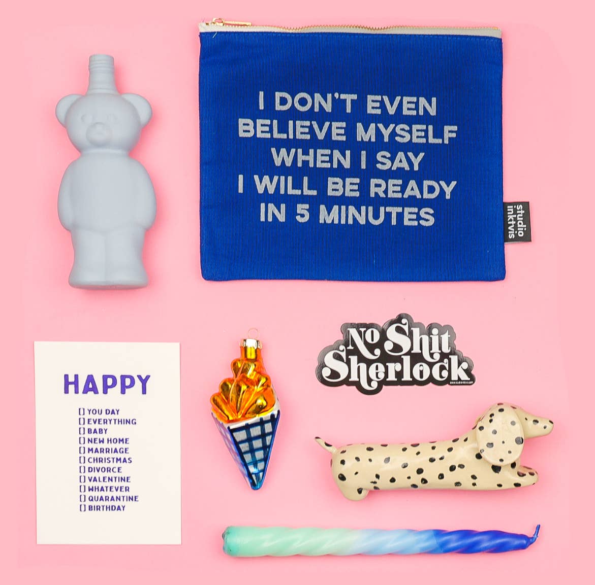 Makeup pung med lynlås “I’ll Be Ready In 5 Minutes” – mørkeblå canvas pouch