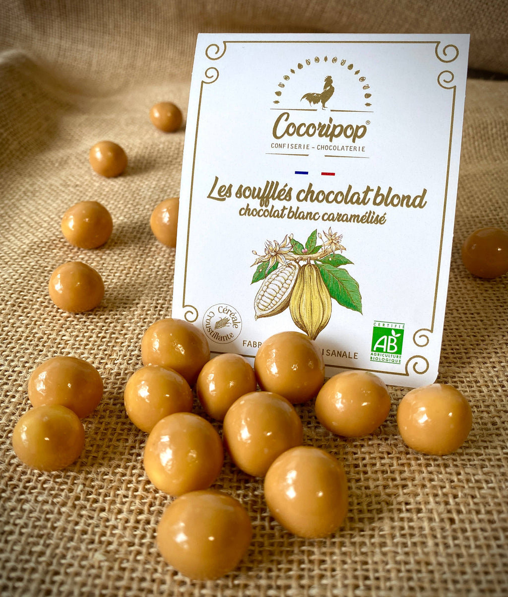 Knasende chokoladekugler med karameliseret hvid chokolade