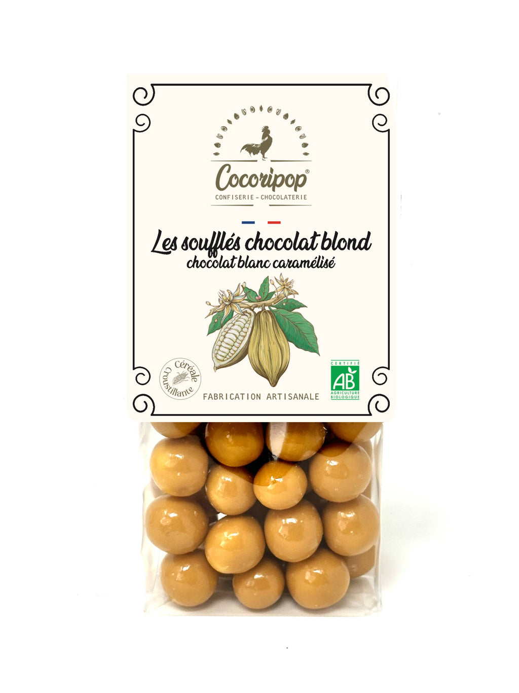 Knasende chokoladekugler med karameliseret hvid chokolade