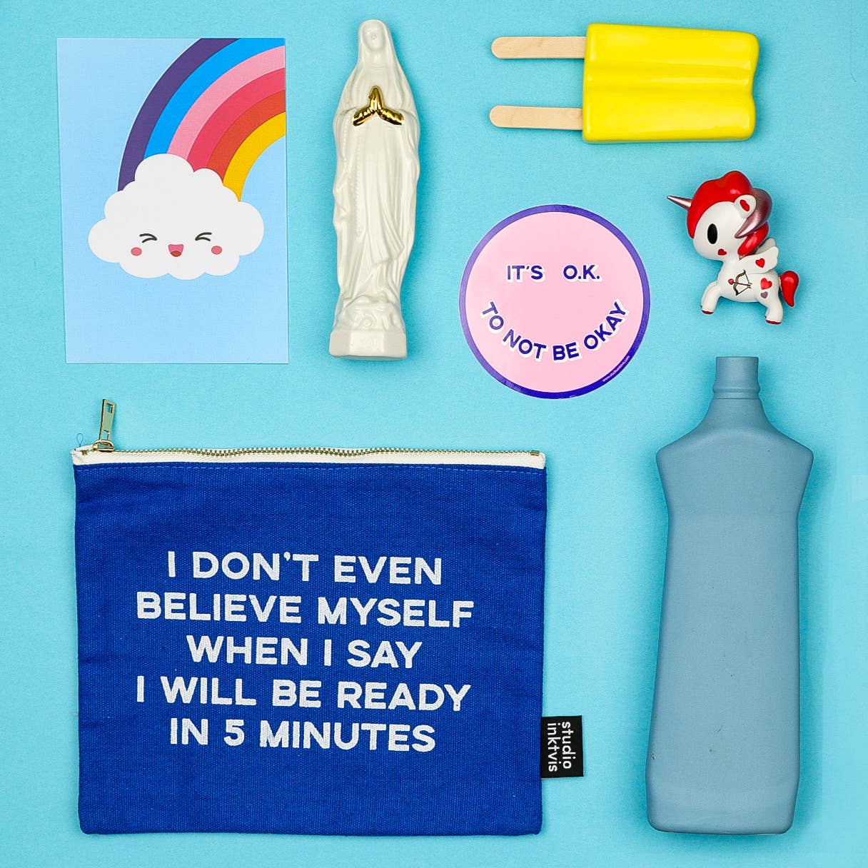 Makeup pung med lynlås “I’ll Be Ready In 5 Minutes” – mørkeblå canvas pouch