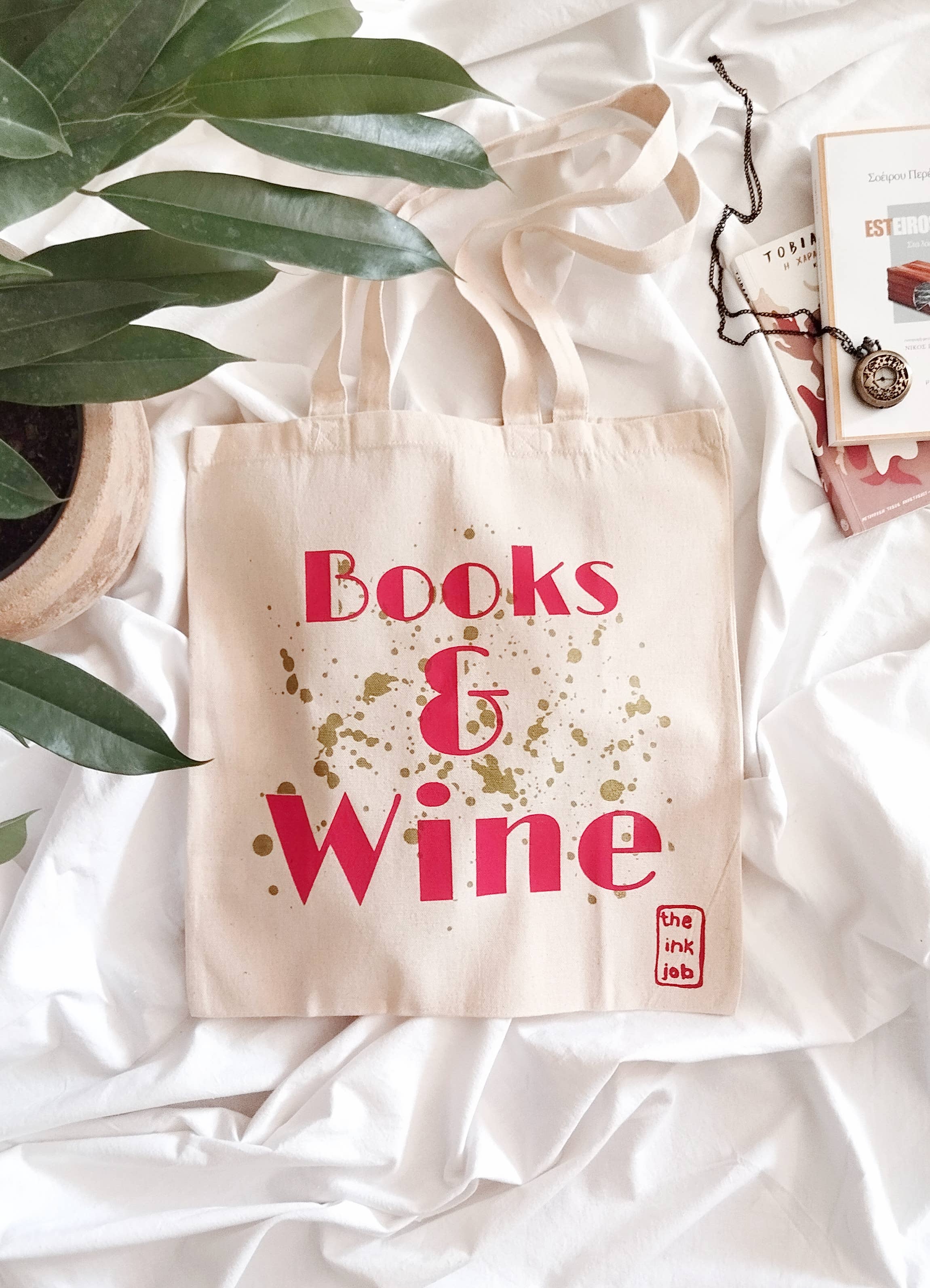 Stofnet / stoftaske “Books & Wine” – sommer, stemning og små hverdagsøjeblikke