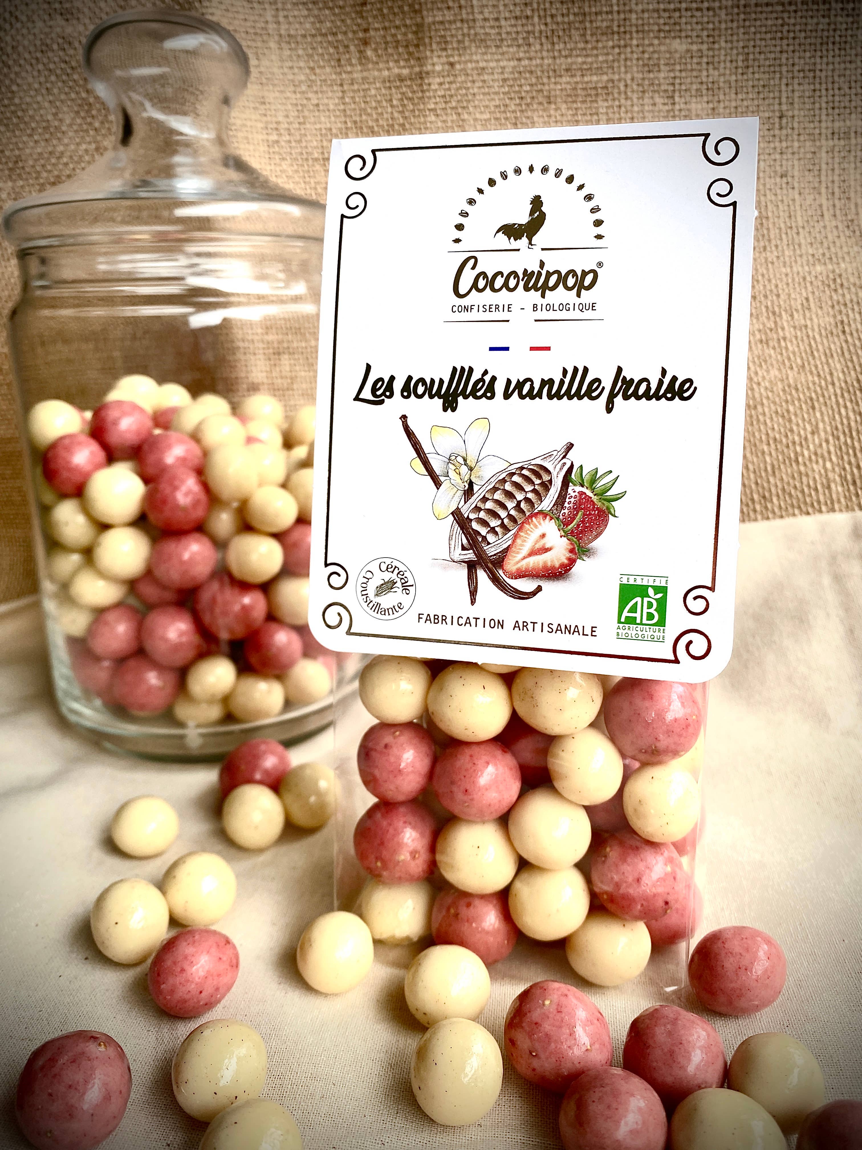 Knasende chokoladekugler med hvid chokolade, jordbær & bourbon-vanilje