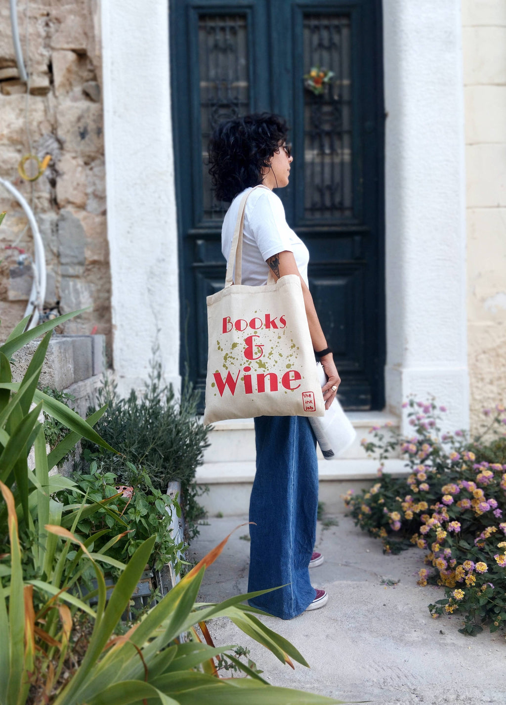 Stofnet / stoftaske “Books & Wine” – sommer, stemning og små hverdagsøjeblikke