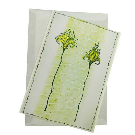Kort med blomster med glimmer i grønne toner