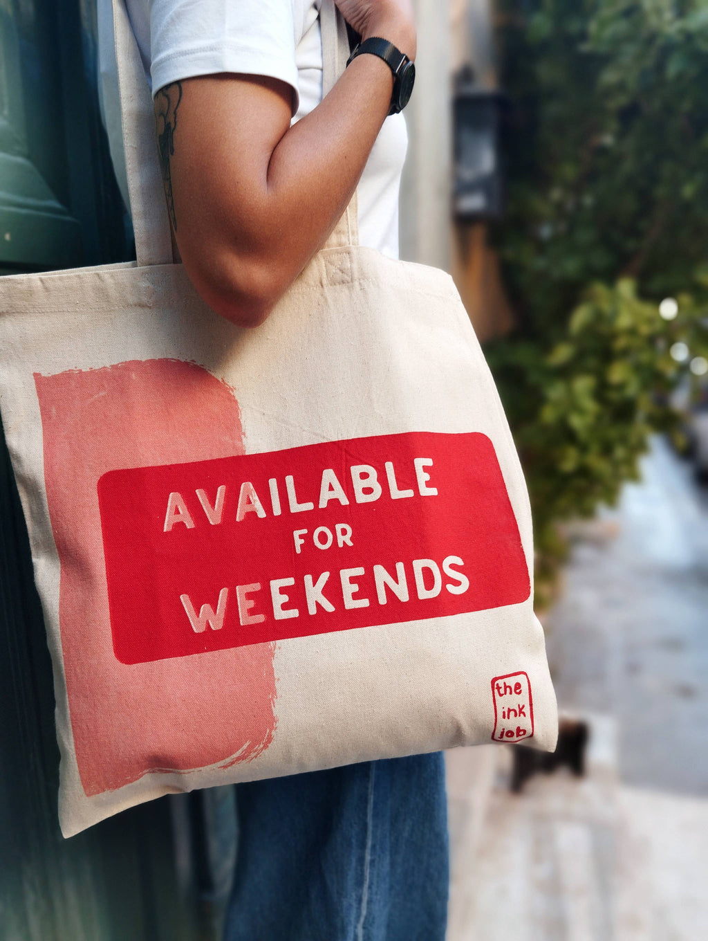 Stofnet “Available for Weekends” – håndtrykt (38 x 40 cm)