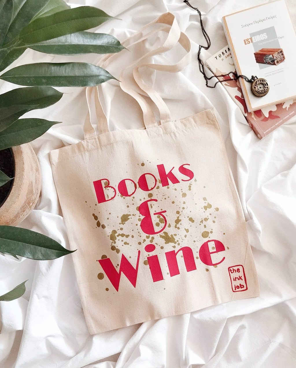 Stofnet / stoftaske “Books & Wine” – sommer, stemning og små hverdagsøjeblikke