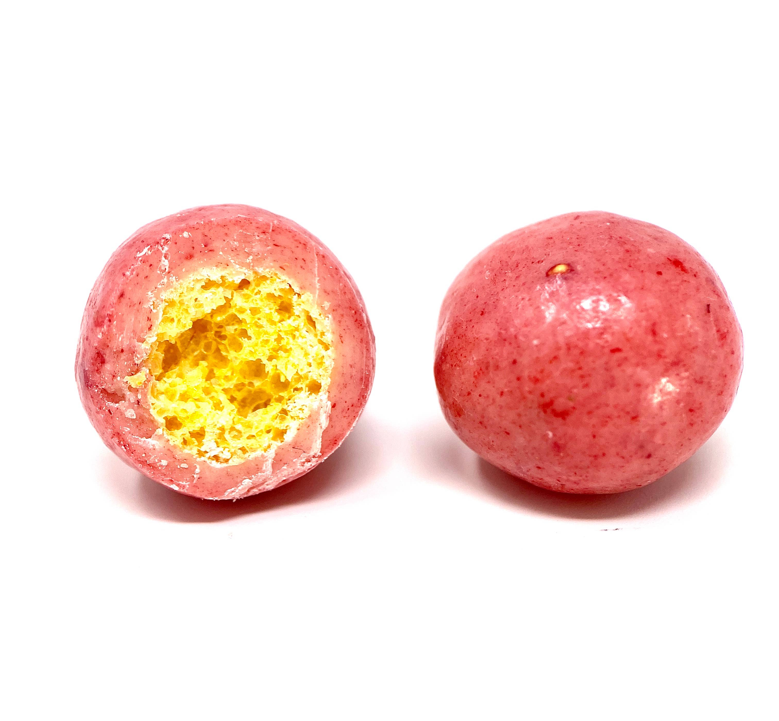 Knasende chokoladekugler med hvid chokolade, jordbær & bourbon-vanilje