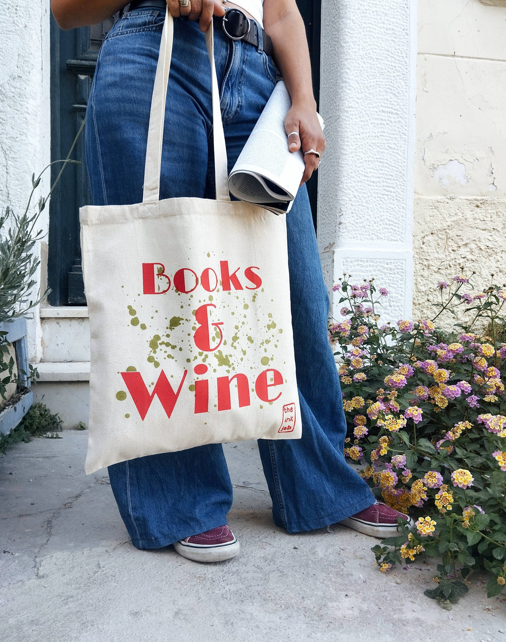 Stofnet / stoftaske “Books & Wine” – sommer, stemning og små hverdagsøjeblikke