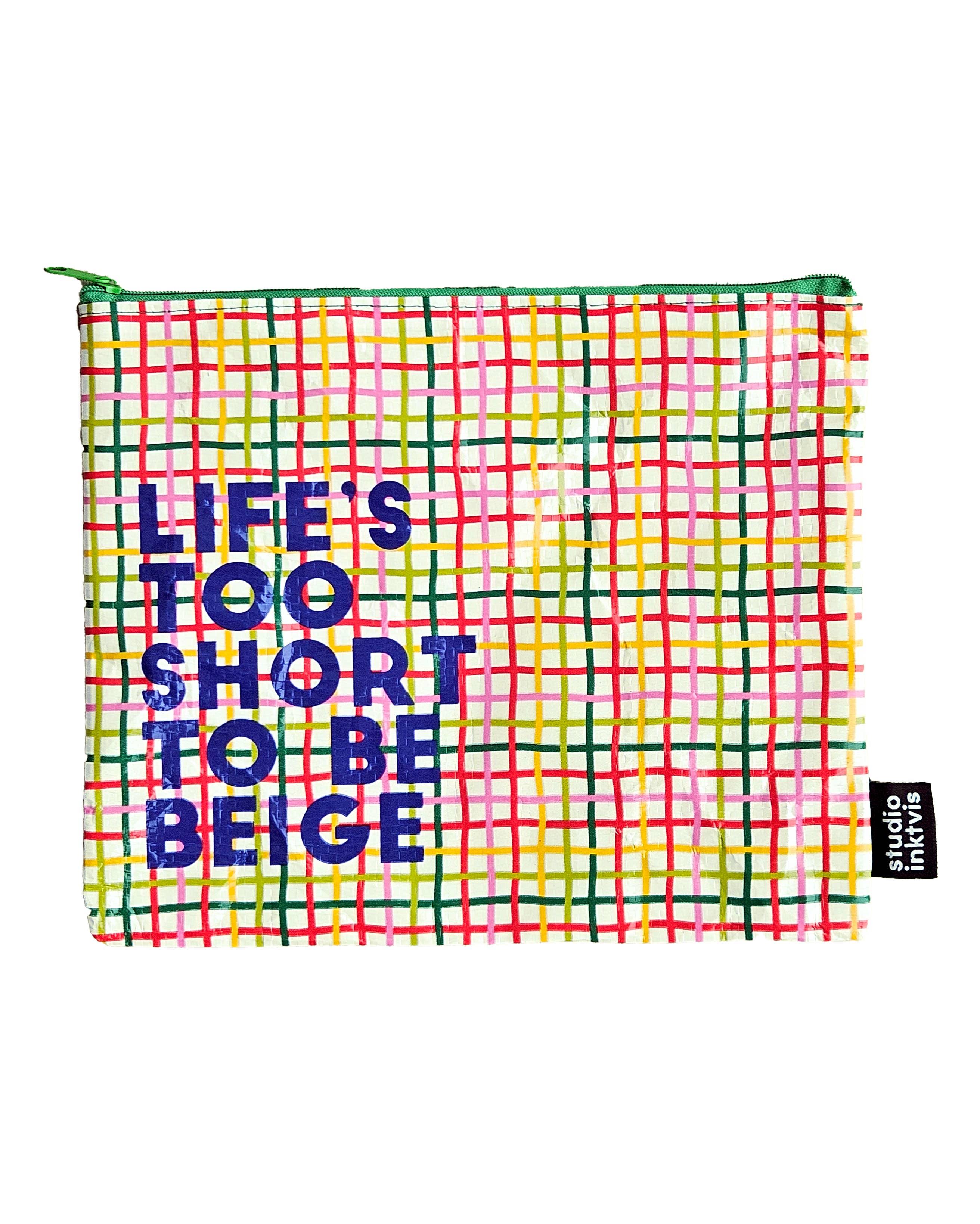 Stor organizer med lynlås “Life’s Too Short To Be Beige” – farverig pouch i genbrugsplast