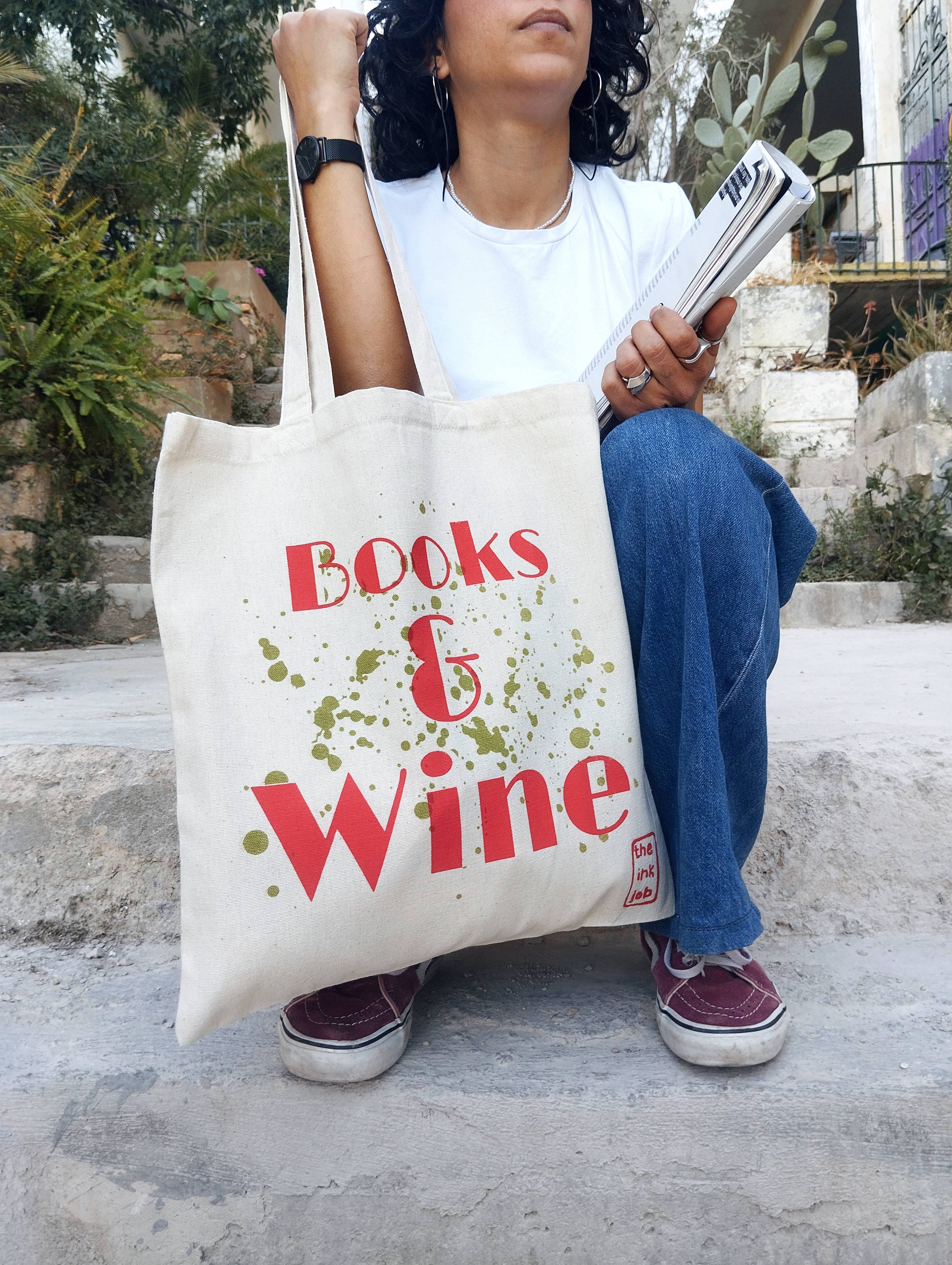 Stofnet / stoftaske “Books & Wine” – sommer, stemning og små hverdagsøjeblikke