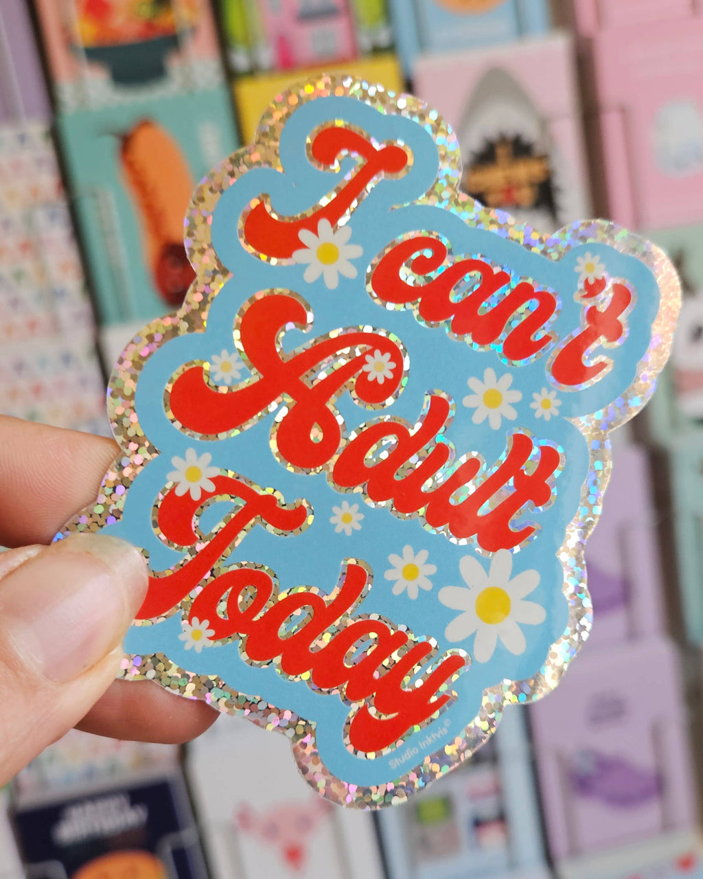 Glitter klistermærke “I Can’t Adult Today” – holografisk sticker med blomster