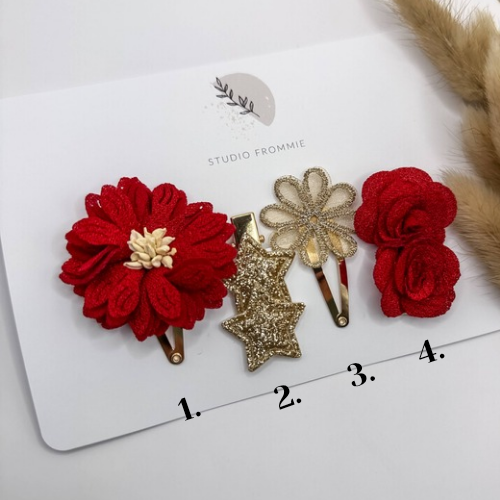 Hårspænder i Guld & Rød · 4 Designs · Julekollektion (Sælges i sæt af to)