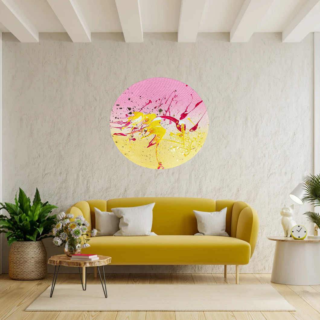 Rundt maleri af CHornbech – Fluid Art i pink og guld