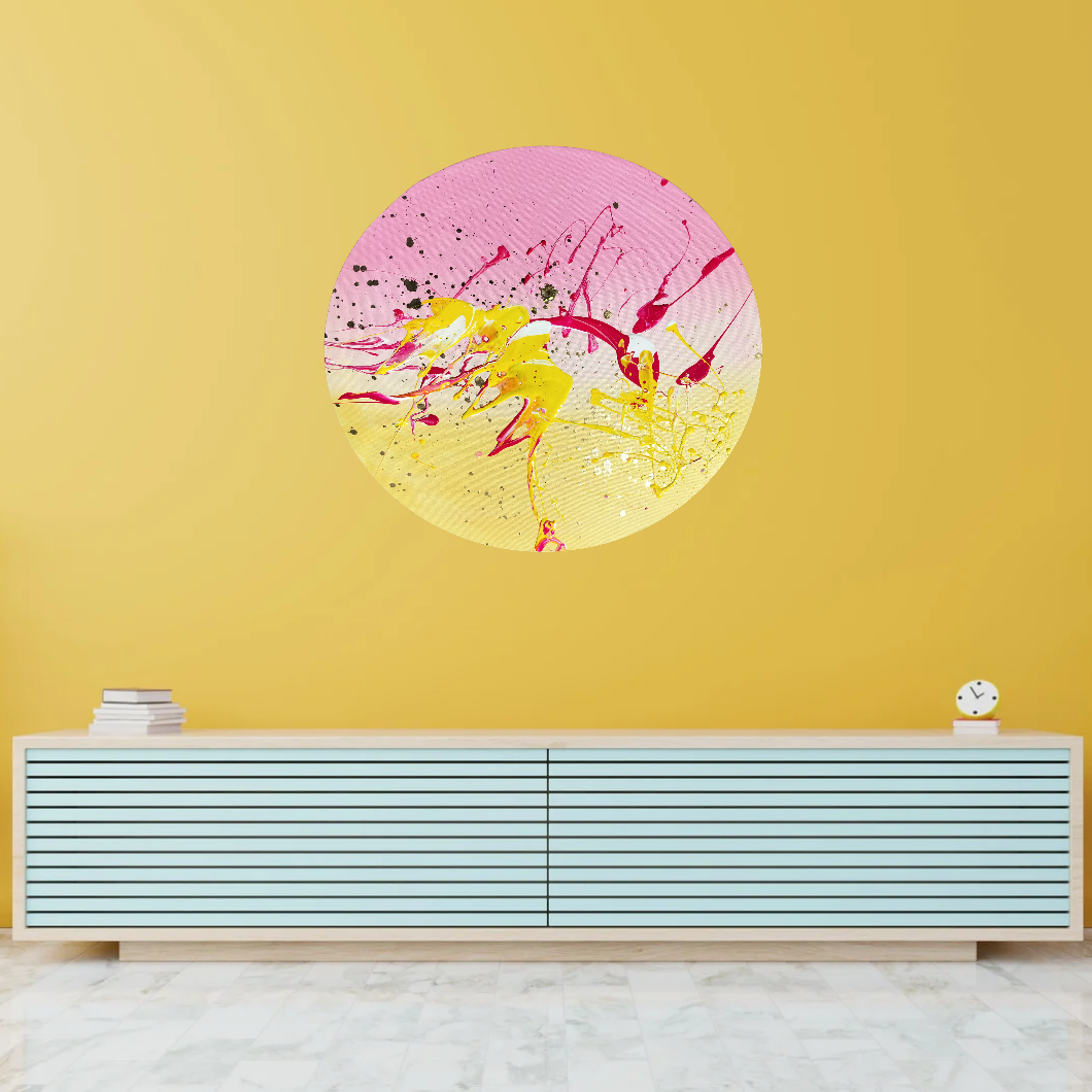 Rundt maleri af CHornbech – Fluid Art i pink og guld