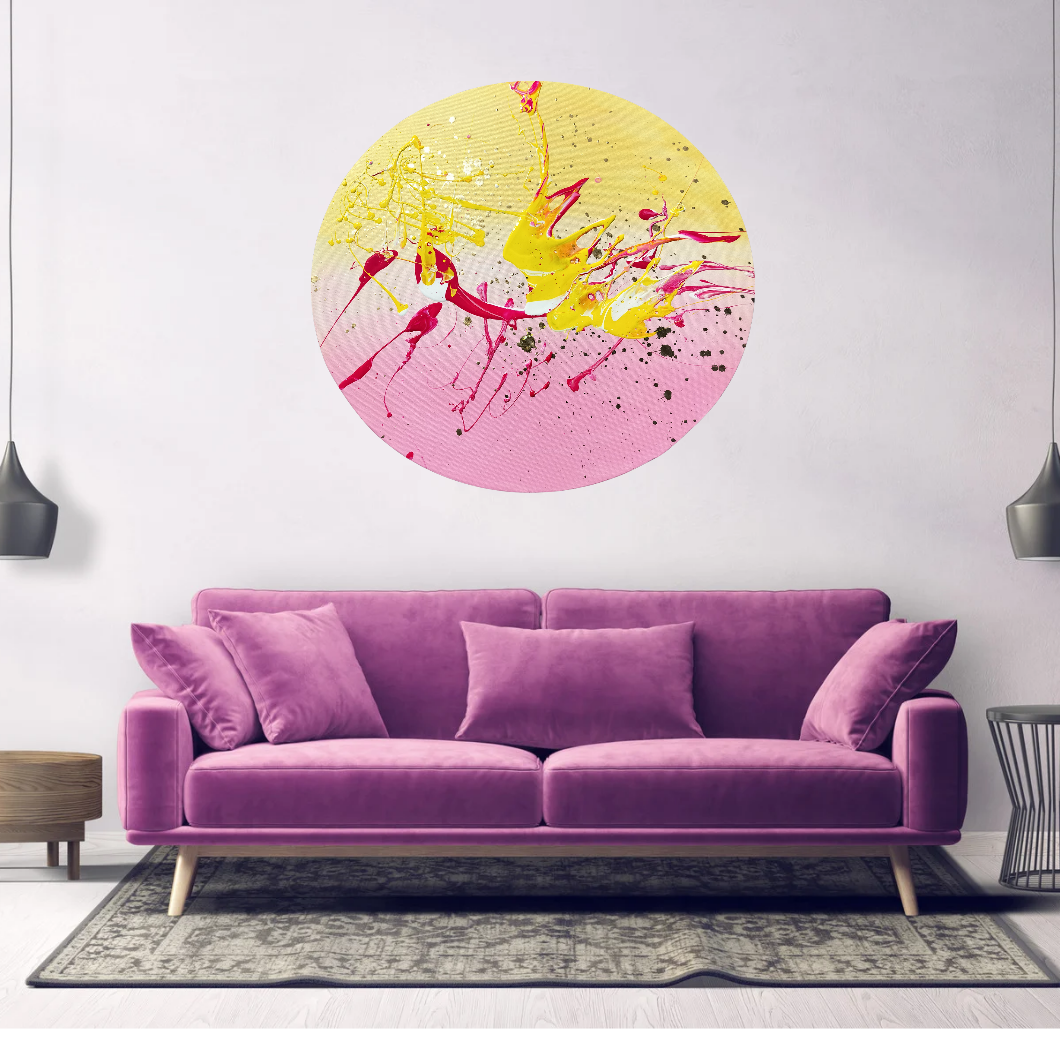 Rundt maleri af CHornbech – Fluid Art i pink og guld