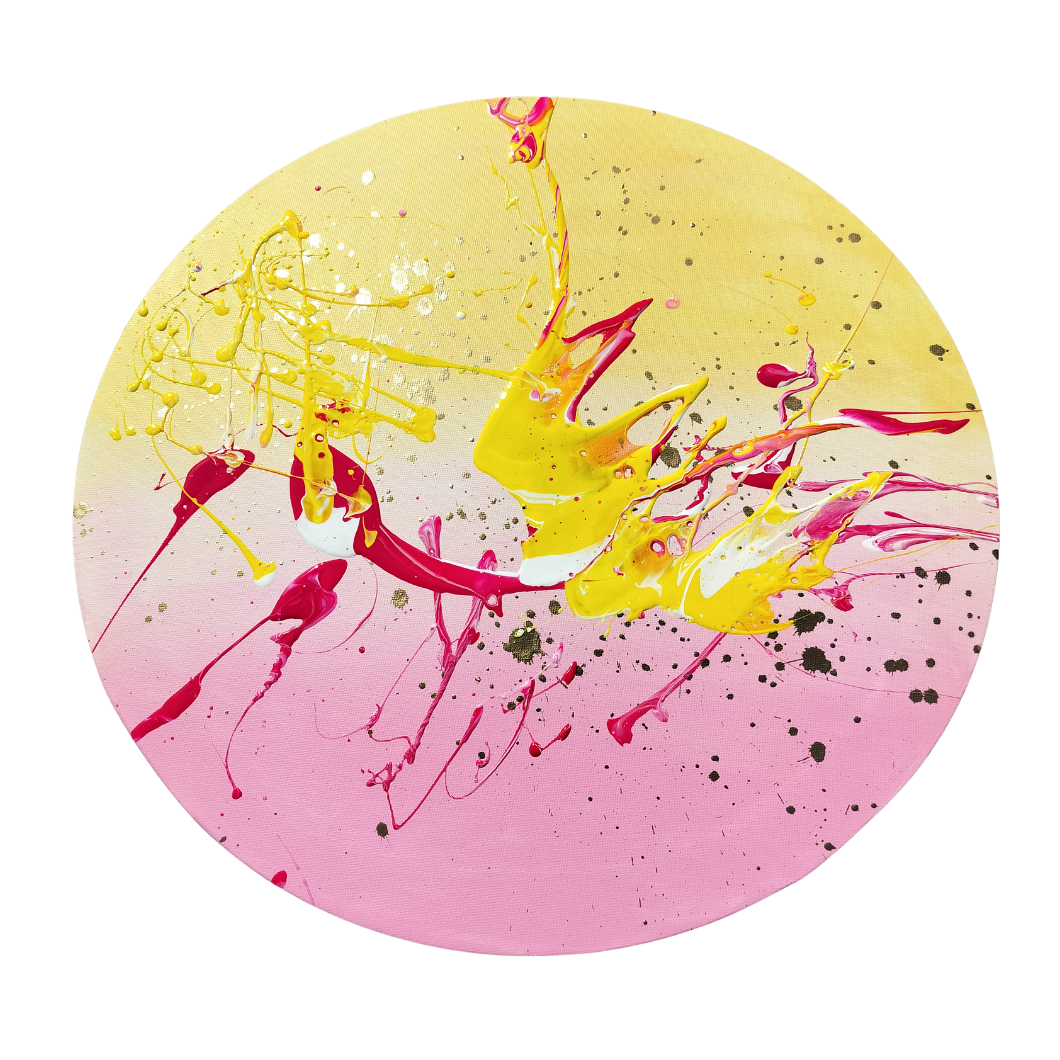 Rundt maleri af CHornbech – Fluid Art i pink og guld