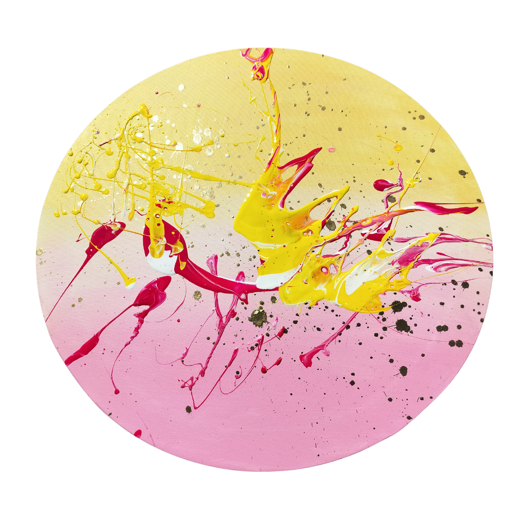 Rundt maleri af CHornbech – Fluid Art i pink og guld