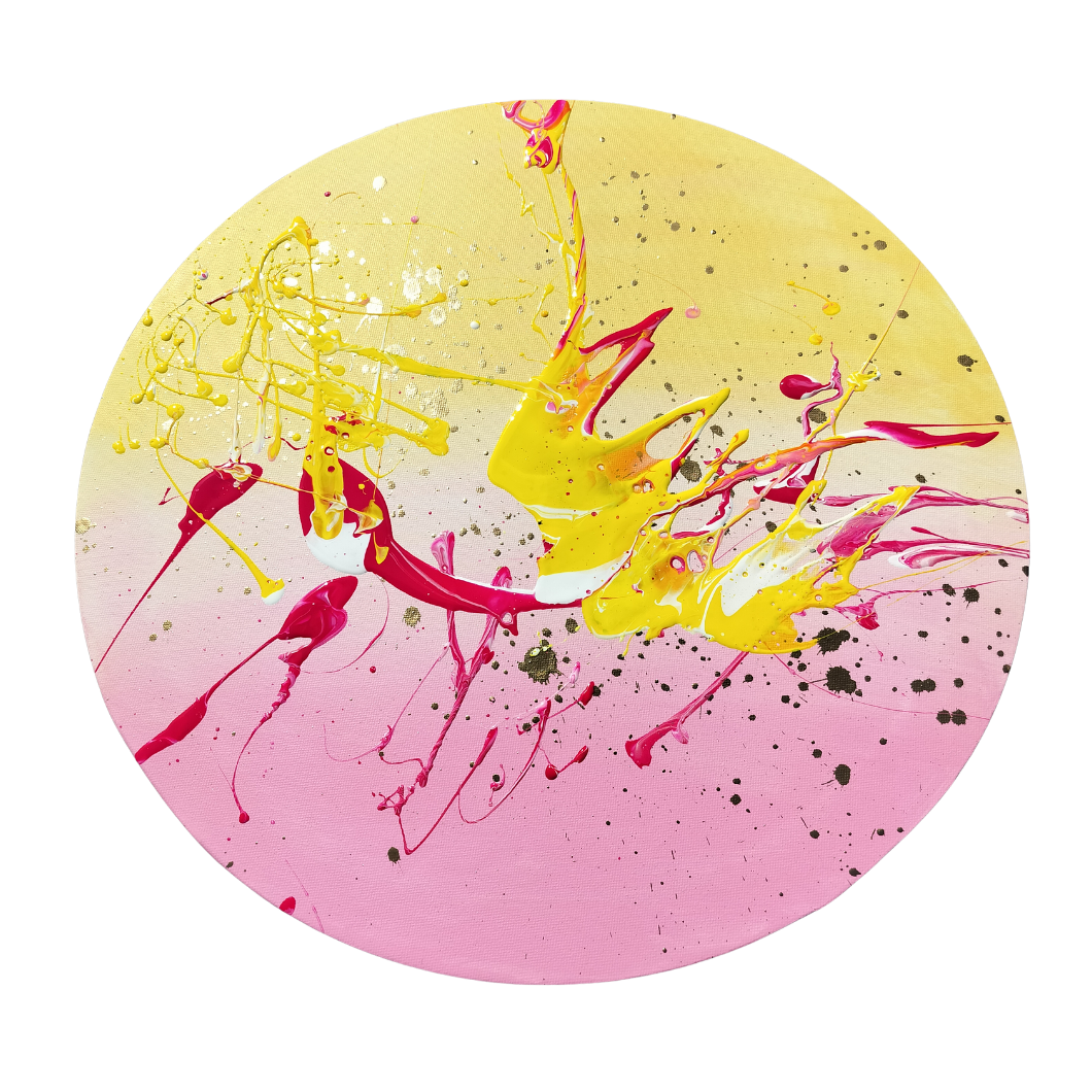 Rundt maleri af CHornbech – Fluid Art i pink og guld