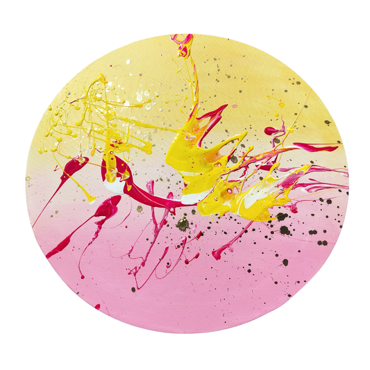 Rundt maleri af CHornbech – Fluid Art i pink og guld
